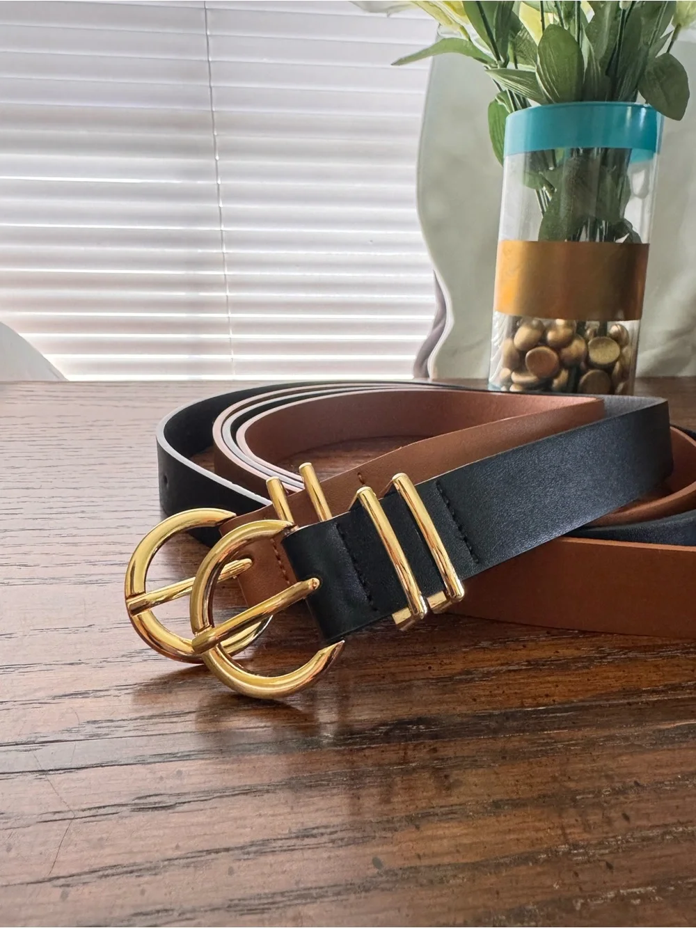 Black and Brown Leather Belts with Gold Buckle
